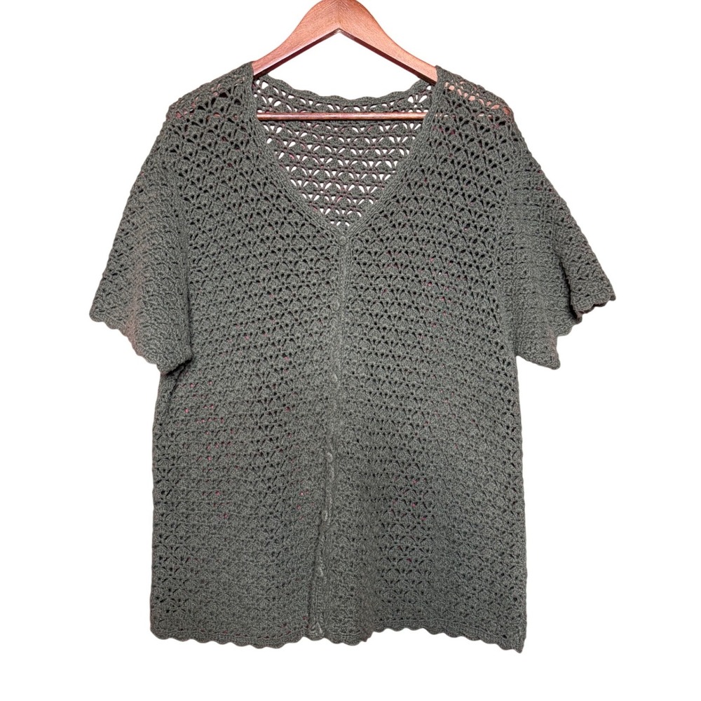 Unbranded‎ Crochet Cardigan Women XL Olive Green Excellent Short Sleeve V-Neck